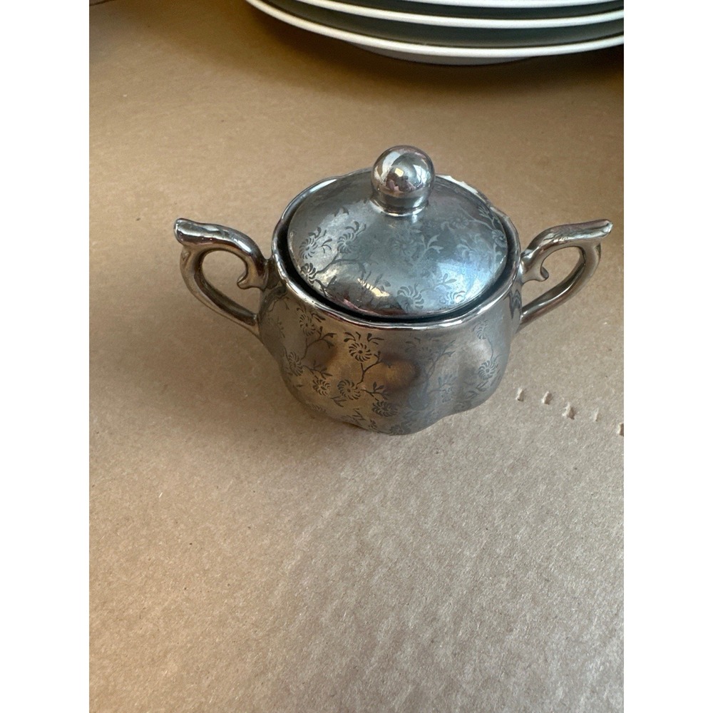Vintage Bavaria Sugar Bowl Platinum Overlay Floral Silver Rim Chip⁠